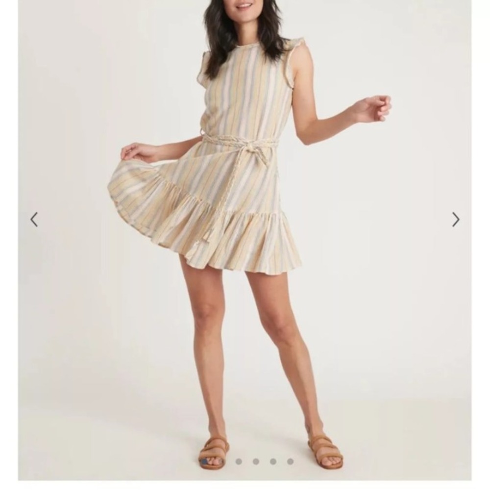 Marine Layer Laney Mini Dress Women Large Beachy Stripe V2 Ruffle Linen‎ Blend